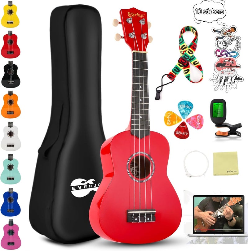 Everjoys Soprano Ukulele Beginner Kit for Adult w/Free Online Lesson 21 Inch Ukelele Gig Bag Strap String Tuner Pick Polishing Cloth - Image 1